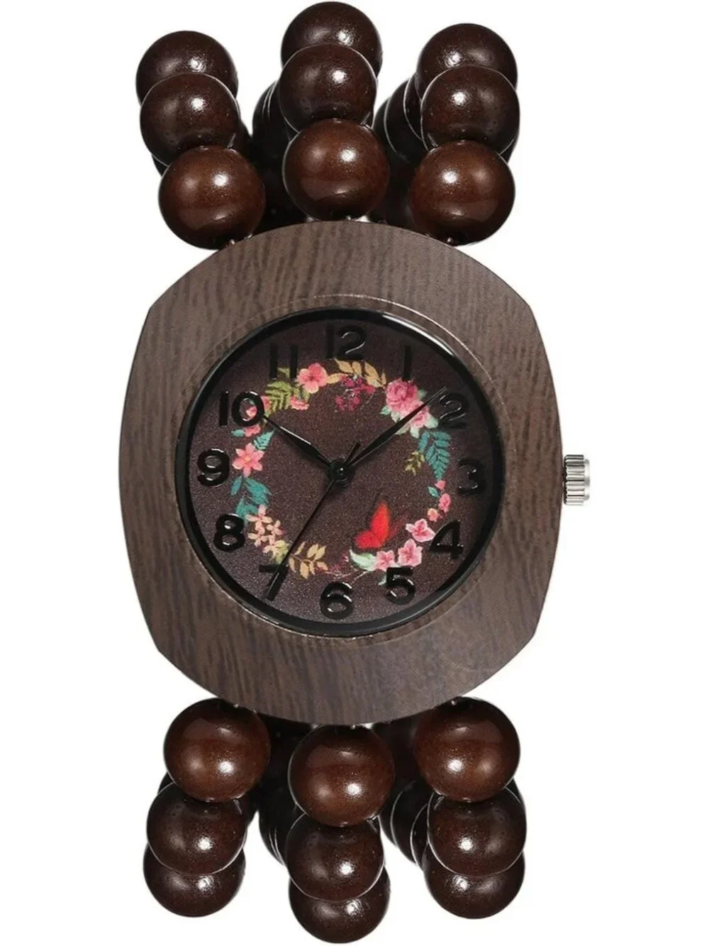 Women's Brown Boho Wood Bead Wreath Dial Floral Quartz Elastic Band Casual Watch